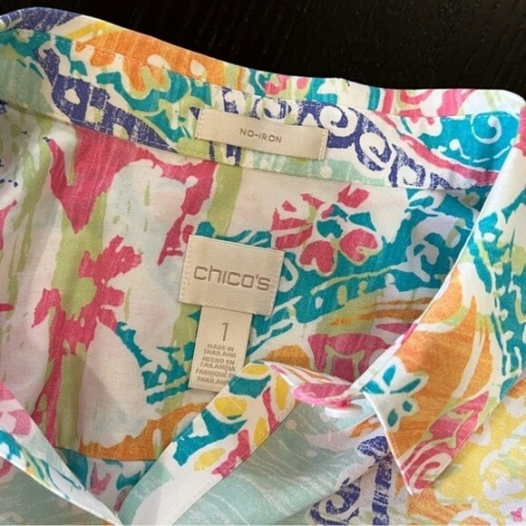 CHICO'S Top Floral Button Up Tie Front 3/4 Sleeve 100% Cotton - Picture 7 of 10